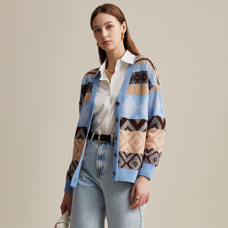 Zhaojun Women's V-Neck Argyle Wool Cardigan