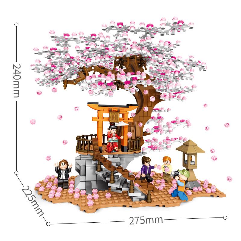 ShengBao Cherry Blossom Tree Street Scene Building Blocks Set with 6 Minifigures