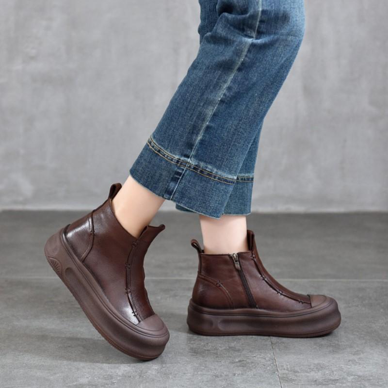 Johnature Versatile Thick Soled Genuine Leather Short Boots Side Zipper Autumn/winter Retro Women's Flat Platform Shoes