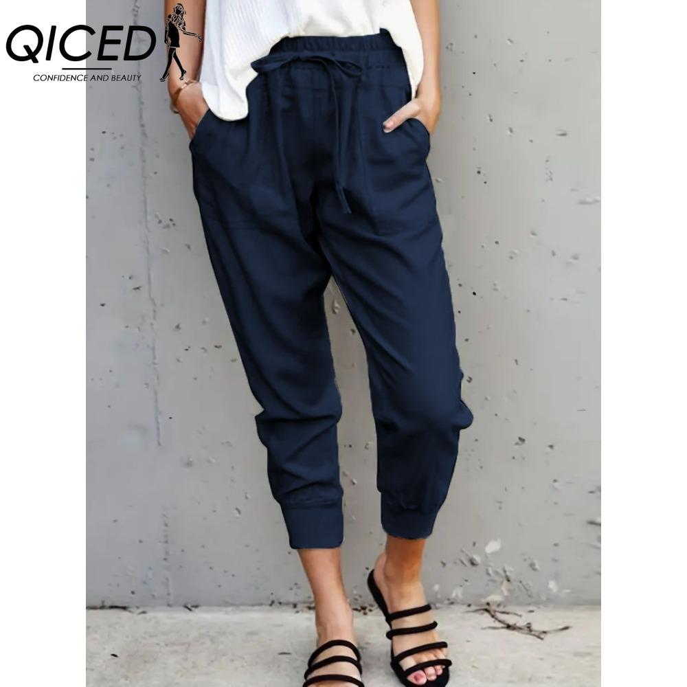QICED Summer Women Loose Plus Size Solid Color Simple Lace Up Slim Casual Nine Point Slimming Trousers