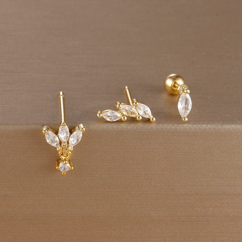 Sada 3 kusů náušnic pecek ve tvaru korunky z nerezové oceli ve zlaté barvě pro ženy, pozlaceno 14K zlatem, s krystalem zirkonu, unikátní náušnice ve tvaru koňského oka, šperky