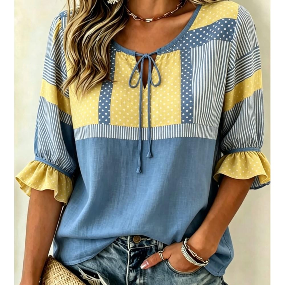 Women's Striped Polka Dot Color Block Blouse, Tie Neck Ruffled Half Sleeve Top, Loose Casual Wear for Spring Summer