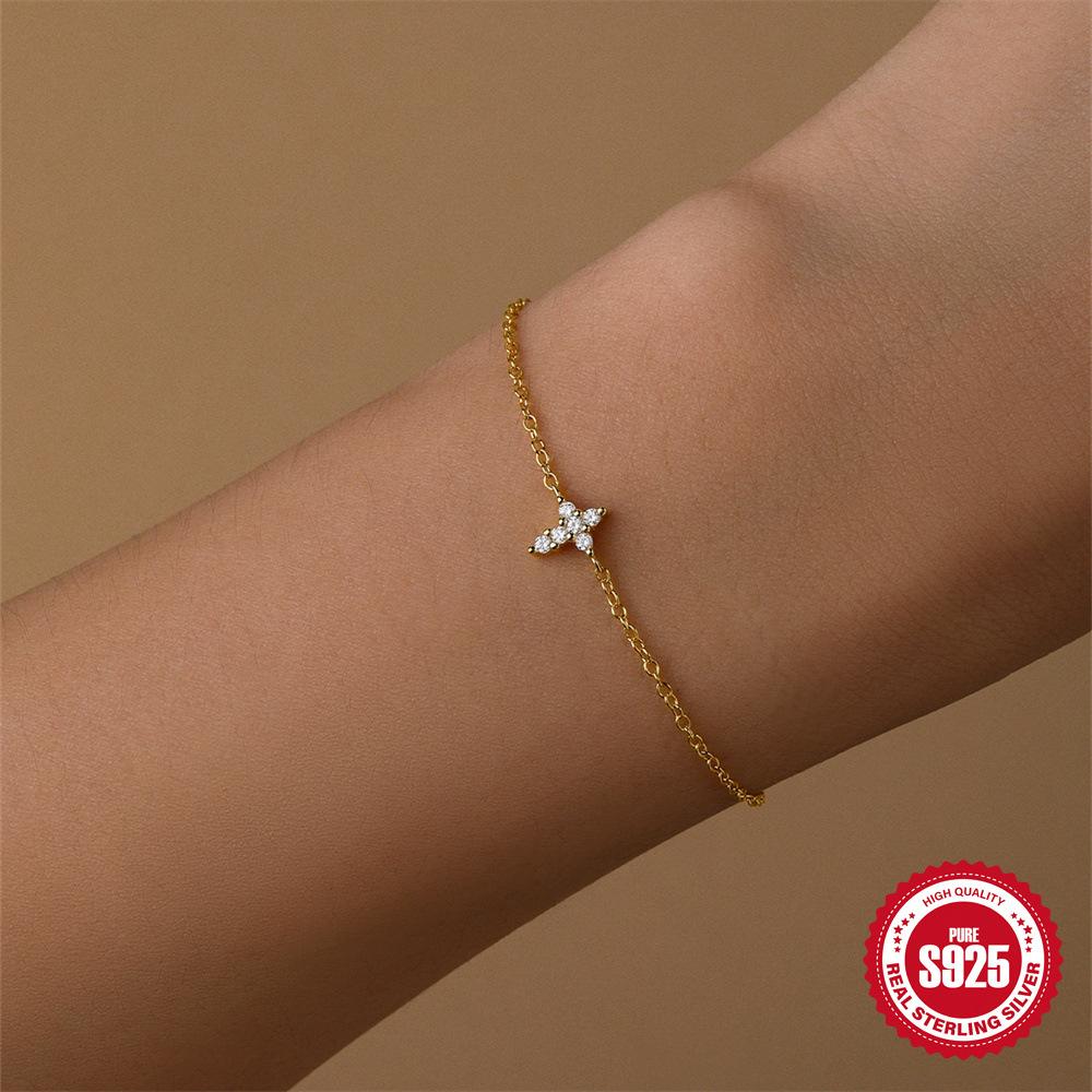S925 Sterling Silver Cross Diamond Versatile Fashion Bracelet Simple Daily Office Worker Accessories