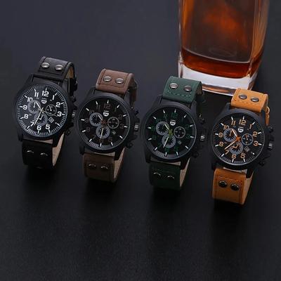 Militärische Leder Wasserdichte Datum Quarz Analog Herren Quarz Armbanduhren Elegante Herrenuhr Legierung militärische Gegenstände Herrenuhr
