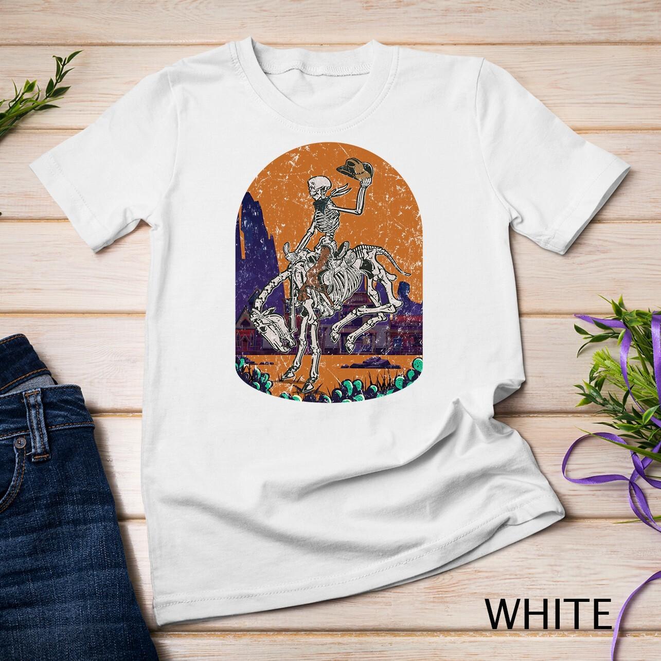 Western Country Cowgirl Cowboy Skeleton Halloween Spooky Unisex T-Shirt Mens Womens Tees Top 4XL