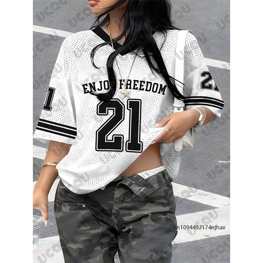 Summer New Black Enjoy Freedom 21 Print T-Shirt For Women V-Neck Short Sleeve Sports Football Jersey Y2K Loose Oversized Tops