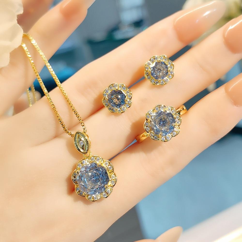 Exquisite Colorful Octagon Millennium Rose Cut Paraiba Ring Set Light Luxury High Carbon Diamond Redstone Stud Earrings Pendant