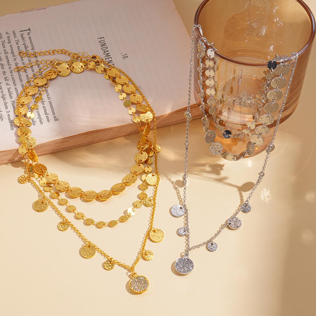 Three-piece Diamond-encrusted Multi-layer Geometric Round Sequined Necklace Necklace