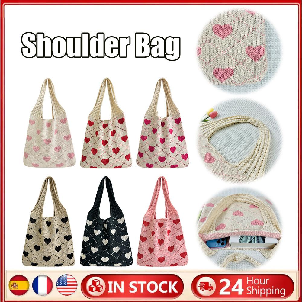 Crochet Tote Bag for Women Heart Pattern Summer Beach Bag Large Capacity Handbag for Vacation Travel