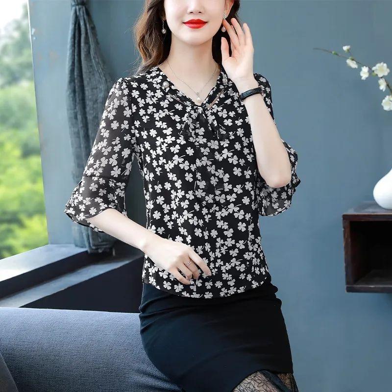 WTEMPO Summer Elegant Printing Chiffon V-neck 3/4 Sleeve Blouse Ladies Fashion Ruffles Pullover Loose Shirts Women Clothing