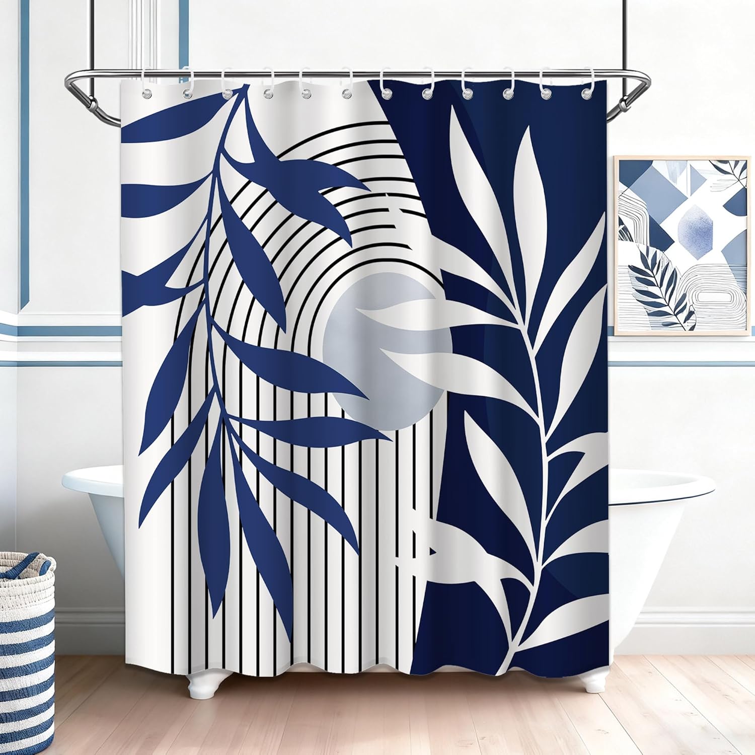 

Navy Blue Boho Leaf Shower Curtain – Mid-Century Modern Abstract Design, Stylish Bathroom Decor 12Pcs Hooks 71X71In W60H190(CM)-1 Pcs