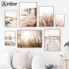 Beige Landscape Posters Sea Beach Bridge Canvas Picture Hay Reed Wall Art Flower Print Painting Nordic Poster Living Room Decor