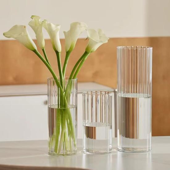 Acrylic Clear Cylinder Flower Vase for Plants Bouquet Non Breakable Tall Ribbed Vase for Centerpiece Wedding Home Decor