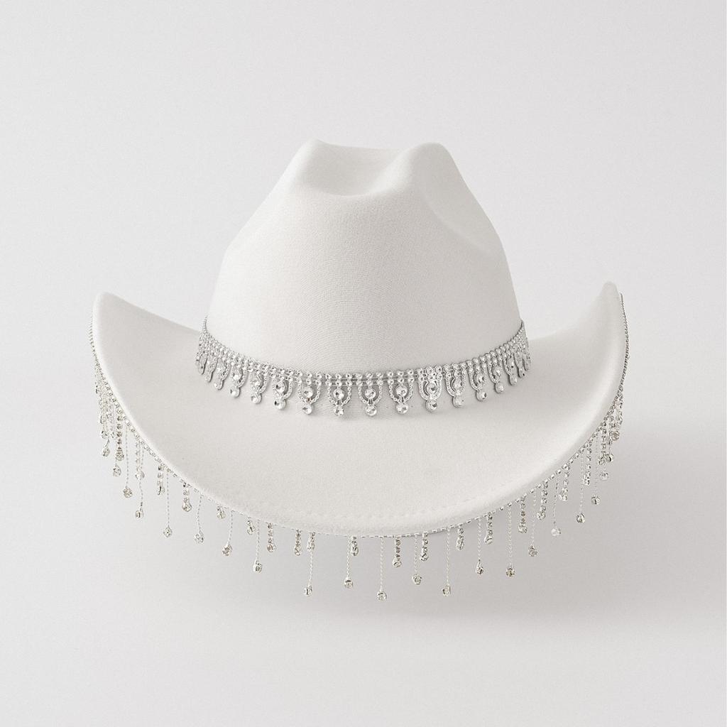 Western Cowboy Hat Water Drop Gem Medium Chain with Rhinestone Tassel Bridal Hat Vacation Party Felt Hat