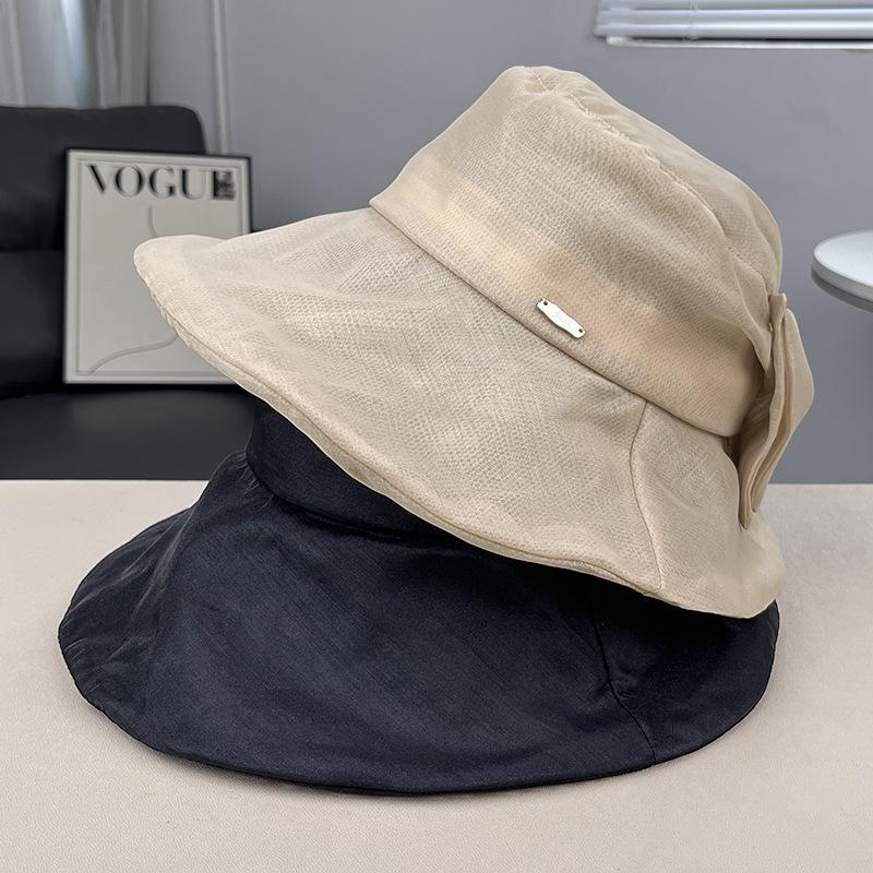 New mesh bow big eaves bucket hat women's spring and summer breathable sunscreen face small sun hat versatile sun hat