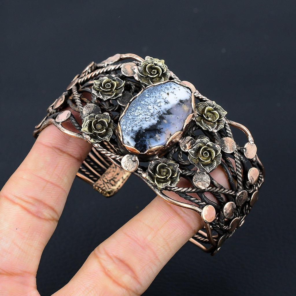 Dendrite Opal Gemstone Pure Copper Wire Wrapped Handmade Cuff/Bangle Jewelry