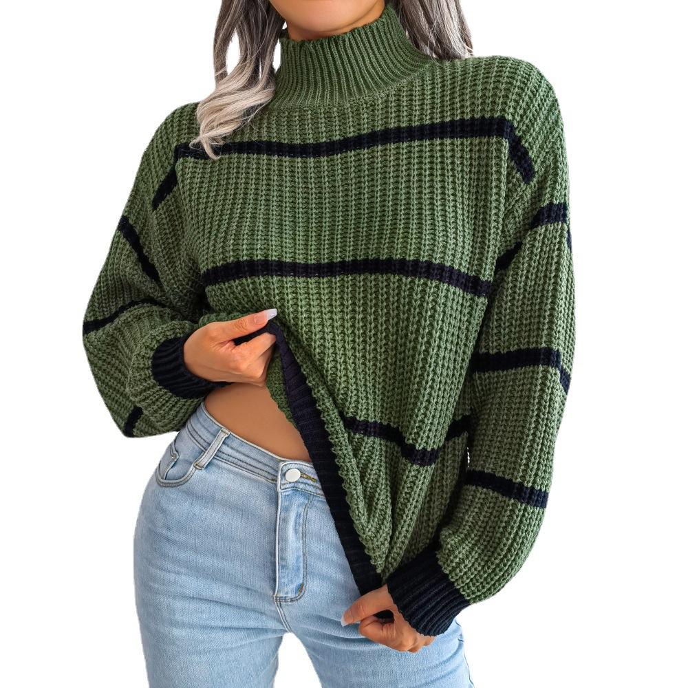 European and American women's clothing autumn and winter casual striped long-sleeved semi-turtleneck pullover sweater contrasting colors loose