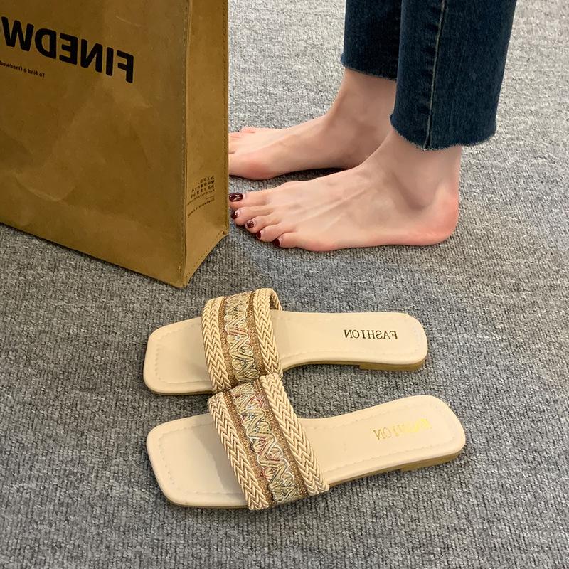 Ethnic Style Fisherman Cool Slippers Women's Summer Wear 41-43 Large Size Straw Woven Sweat-absorbing Flat Bottom Casual One-word Slippers