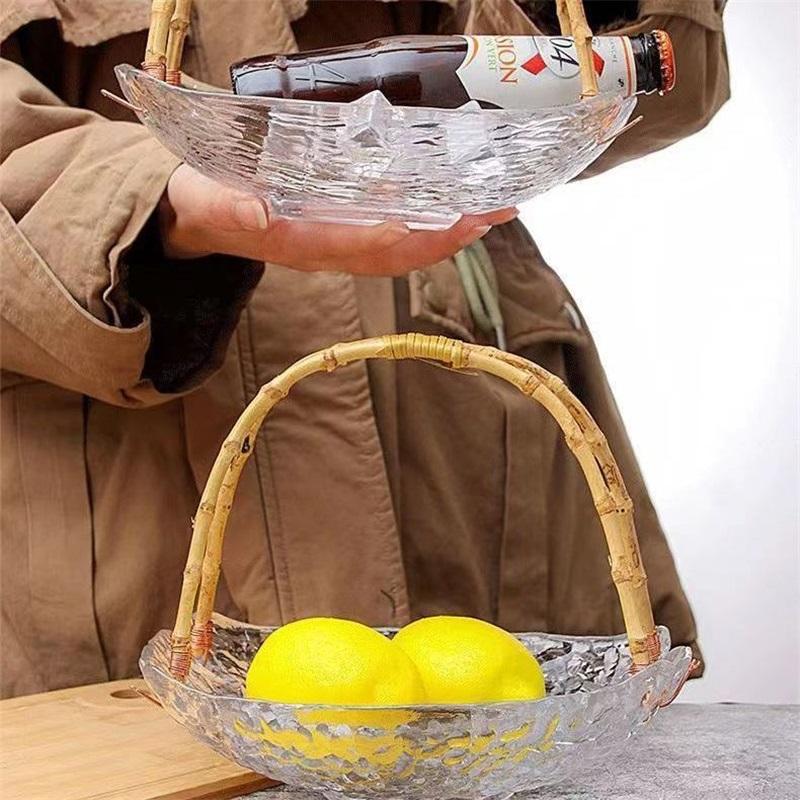 Nordic Style Rattan Glass Fruit Basket Snack Plate Retro Living Room Storage Candy Box Light Luxury Tea Table Handheld Fruit Plate