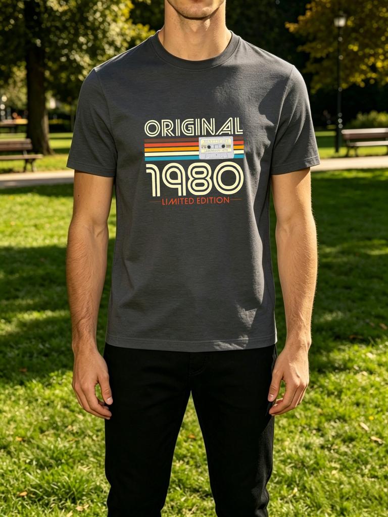 Unisexs Tee Original 1980 Limited Retro Cassette Stripes Print Cotton Short Sleeve Male Casual Streetwear Outdoor Daily Basic Top