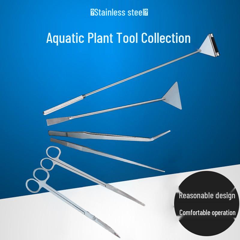 Aquarium Plant Care Set: Stainless Steel Curved Scissors, Tweezers, and Trimming Tools for Aquatic Landscaping and Cleaning.