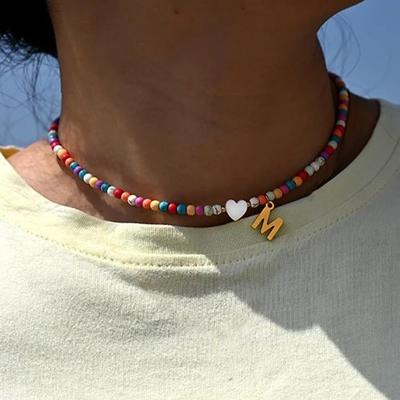 Bunte Perlen Initial Choker Edelstahl Buchstabe Anhänger Halskette Damen Mode Muschel Herz Schmuck Boho Accessoires