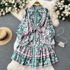 Vintage Summer Floral Print Ruffles Single Breasted Long Sleeve High Waist Vocation Beach Long Women Dress