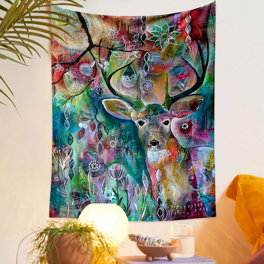 Colorful Whimsical Deer with Abstract Patterns Patterned tapestry home decor, suitable for bedroom and living room, gift