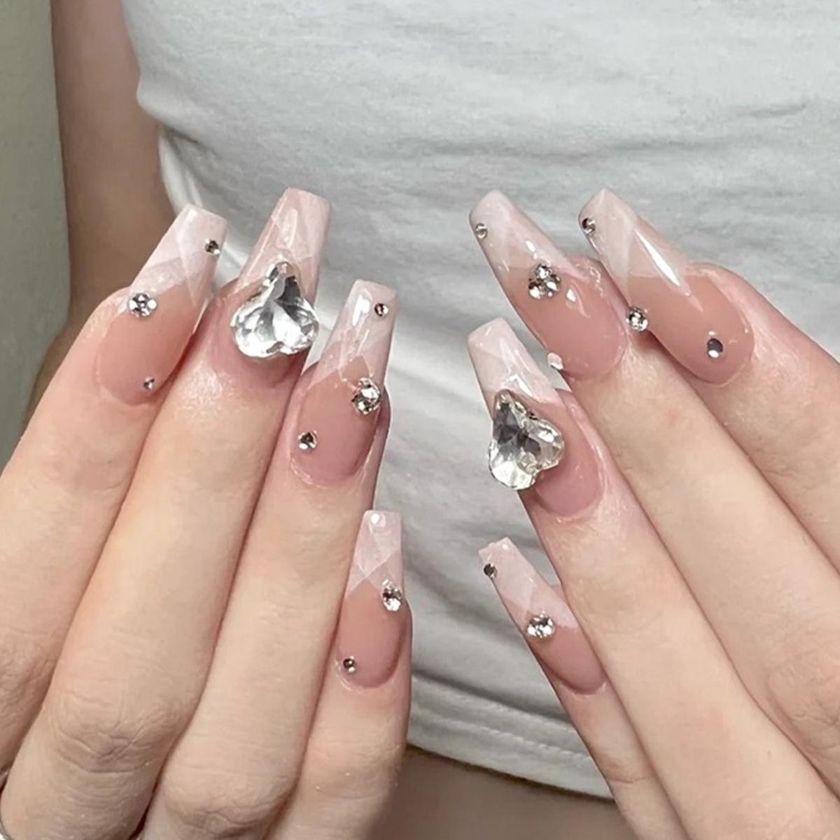 

Detachable Rhinestone Plaid False Nail Tips