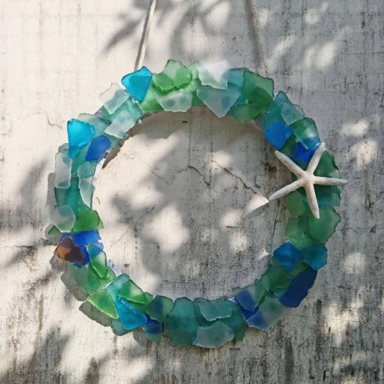 Sea Glass Wreath Handmade Coastal Style Christmas Ornament for Front Door Window Kitchen Cabinet Chair Wall Home Decor