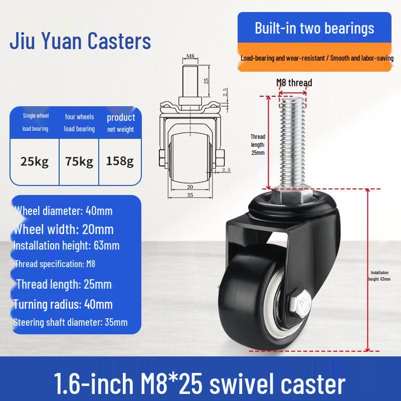 Black Heavy-Duty Swivel Casters with Brakes for Furniture, Cabinets & Industrial Use, Double Bearing Wheels
