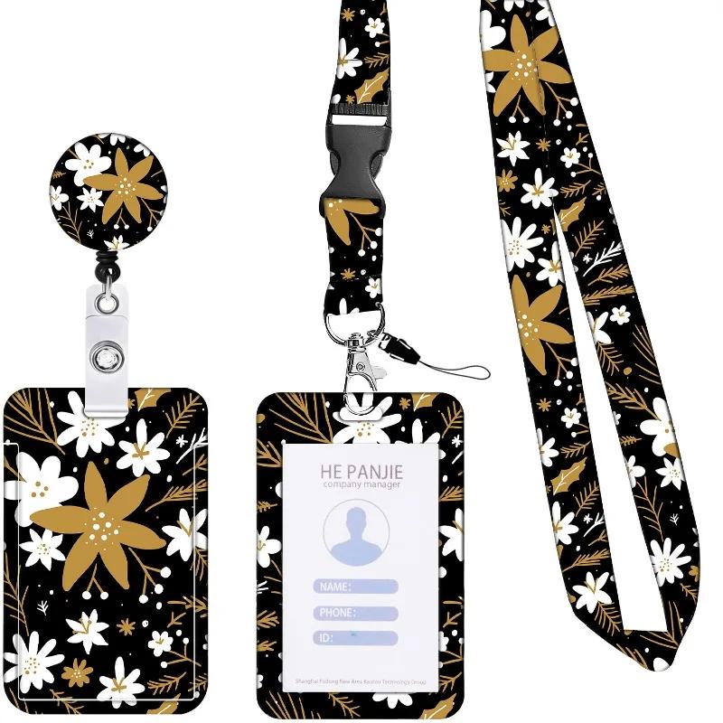 Staff Working Cards Holder With Retractable Long Lanyard And Badge Reel Flower Id Credit Cards Holder Cover For Woman Phone Rope