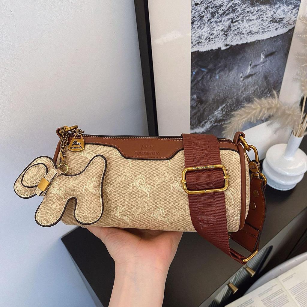 Women's fashionable wide shoulder strap cylindrical bag retro printed pillow bag shoulder bag crossbody bag