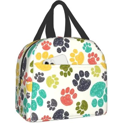 Cute Dog Paws Insulated Lunch Bag Colorful Hand Drawn Doodle Paw Prints Lunch Box Dog Lovers Cooler Thermal Reusable Tote