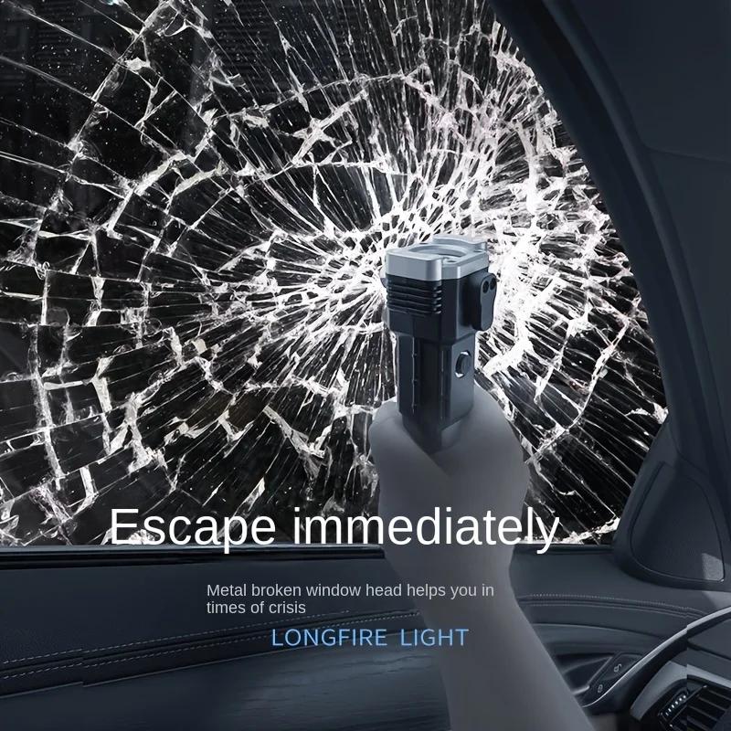 Super Bright Rechargeable LED Flashlight – Multi-Function Car Torch with Safety Hammer & Window Breaker (Auto Emergency Light)