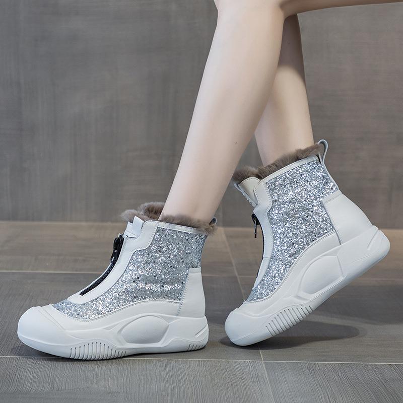 9921 Genuine Leather and Real Hair Women's Shoes, New Muffin Thick-soled Real Hair Cotton Shoes