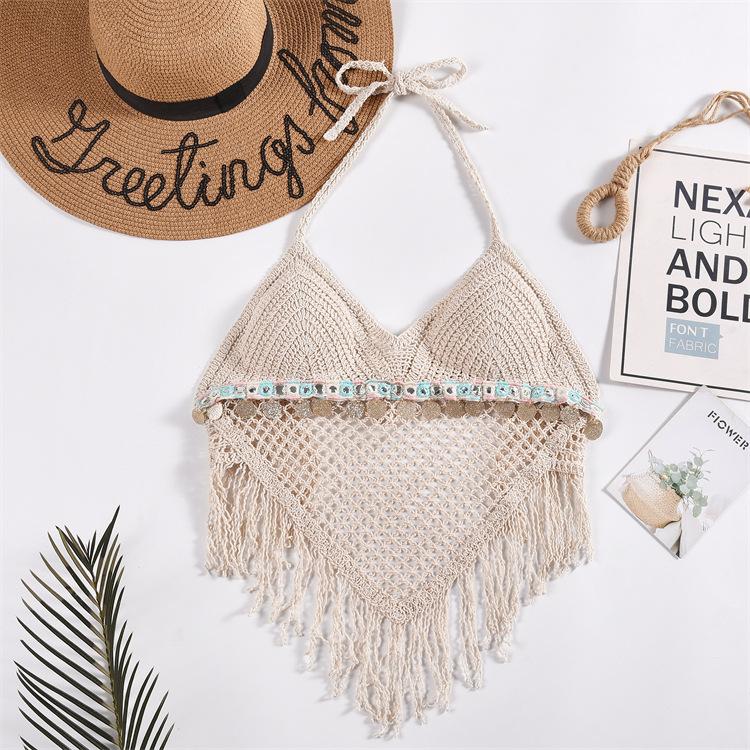 Lace-up Neck Small Vest, Sling Women's Summer Short Style with Chest Pad Inside, Backless Hollow Tube Top Embroidered Vest
