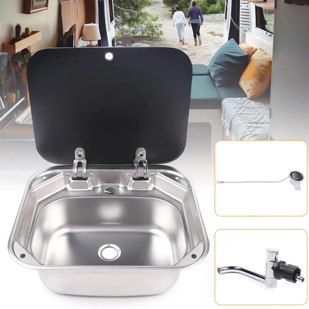 

Bymaocar Motorhome RV Horsebox Camping Car Sink Stainless Steel Hand Wash Inset Basin Sink Set with Lid, Faucet and Drain Pipe