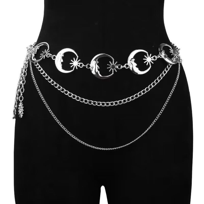 Multi Layer Moon Waist Chain Adjustable Metal Belt with Star and Crescent Moon Charms for Women Waist Accessory