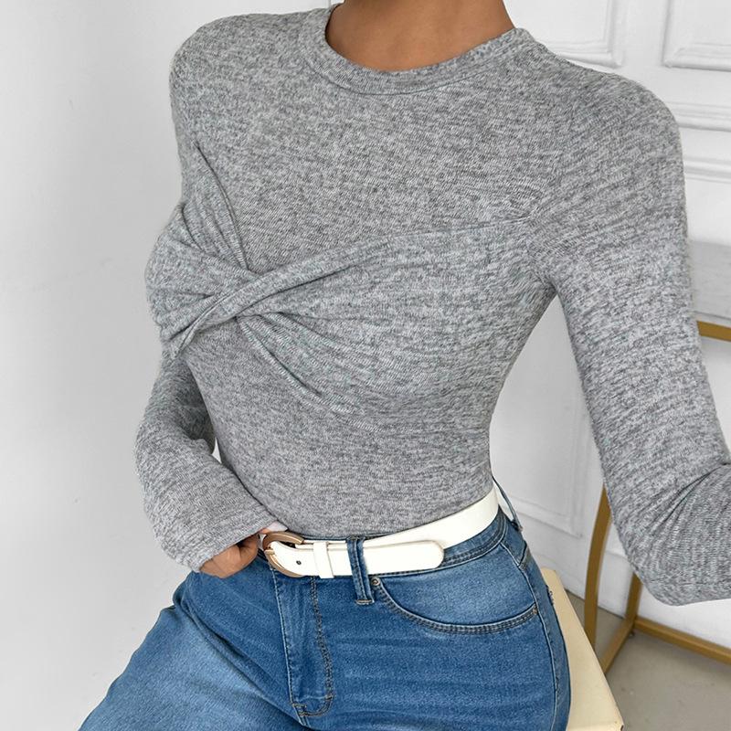 Women Spring Autumn Long Sleeve O Neck Knot Slim Fit Pullover T Shirt Top