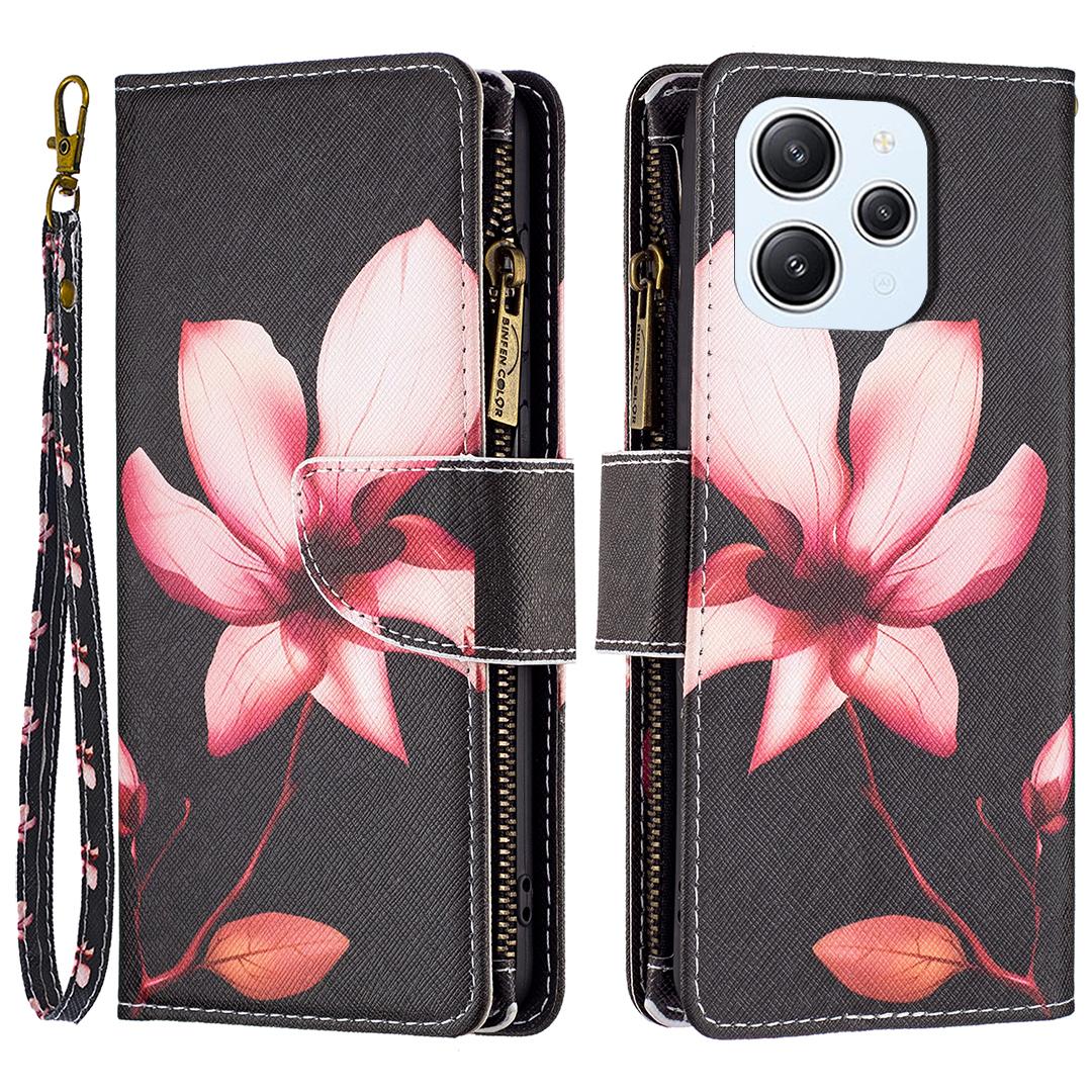 

BF03 Wallet Phone Case for Xiaomi Redmi 12 4G,PU Leather Zipper Pocket Pattern Printing Stand Cover Pink Flower