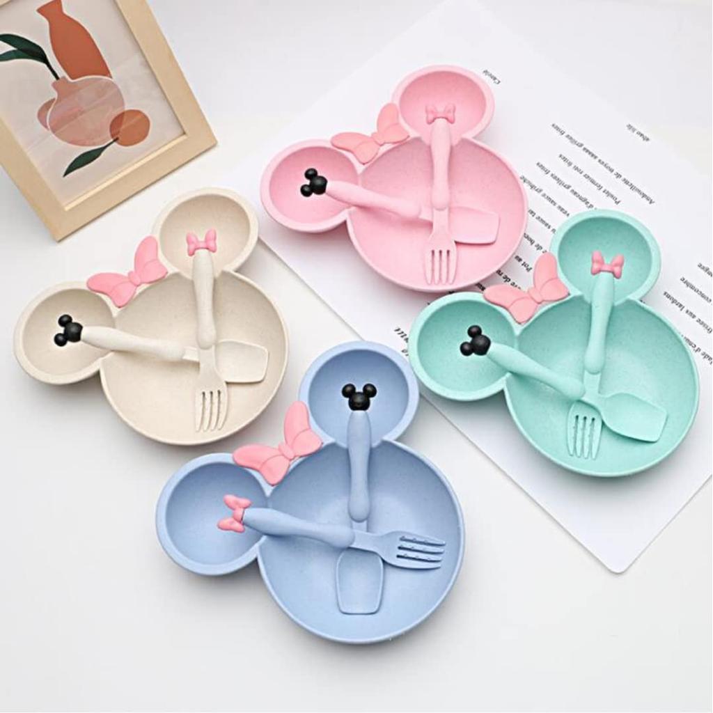 Minnie Tableware Tableware Set 3 Piece Set Plastic Spoon Fork Children Toddler Plate Bowl Tableware Plate Plate Set Children's Children's (Green)