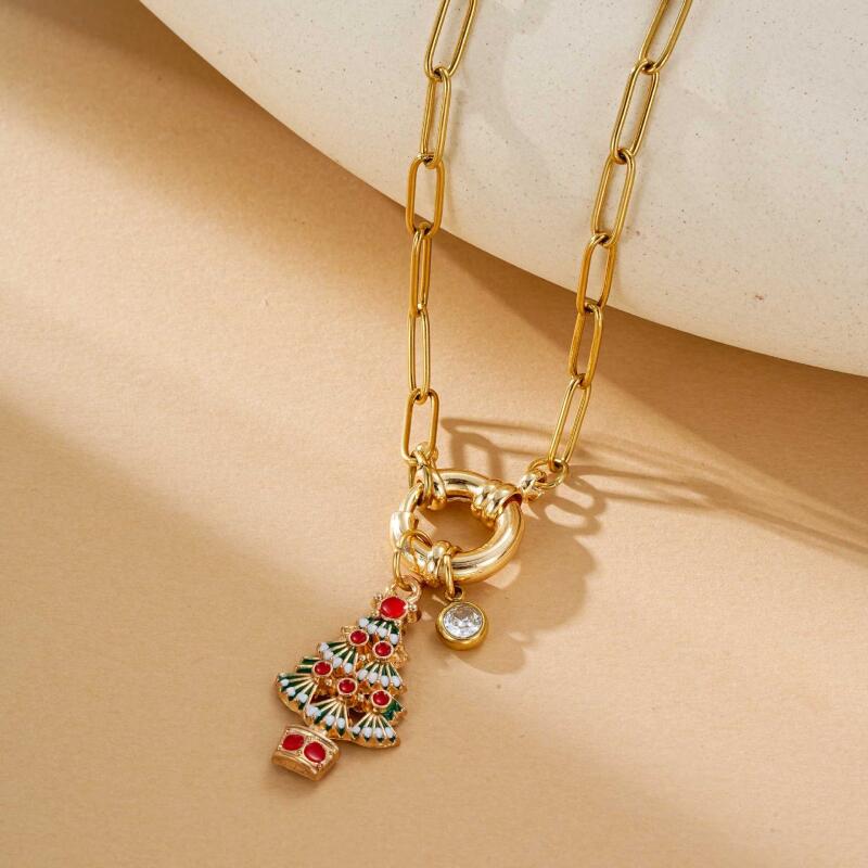 Christmas Stainless Steel Necklace Set - Santa Reindeer Snowman Pendants Lobster Clasp Adjustable Festive Jewelry Gift