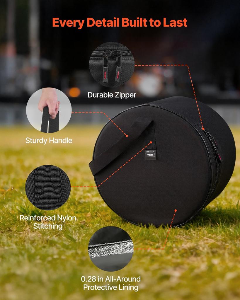 5-Piece Drum Case Set, 600D, Padded Drum Bags for Bass, Tom, and Snare, Thick Padding, Lightweight Protective Covers, Travel Storage Cases with