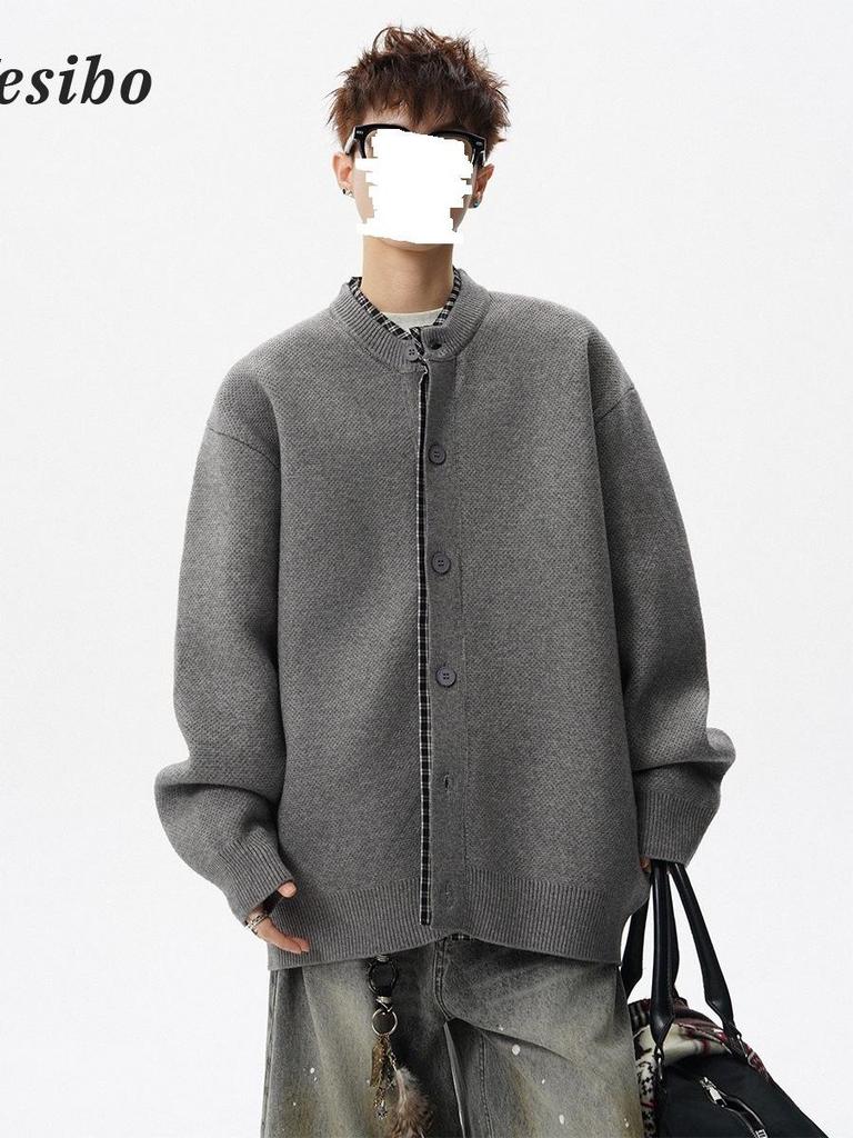 Men's Grid Patchwork Knit Cardigan - Autumn Casual Loose-Fit Sweater, Trendy and Versatile Jacket.