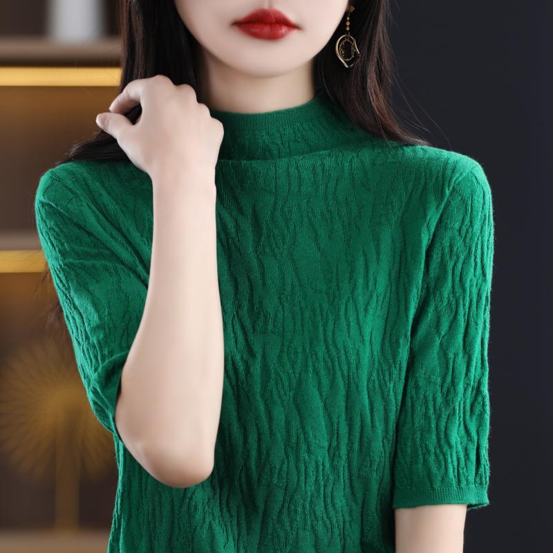 Women Knit T-shirt Summer Knitted Shirt Short Sleeve Tees Spring Pullover Knit Tops