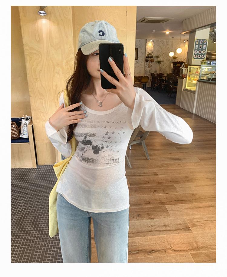 American Retro Square Neck Long Sleeve T-shirt - Women's Slim Fit Cropped Top for Autumn