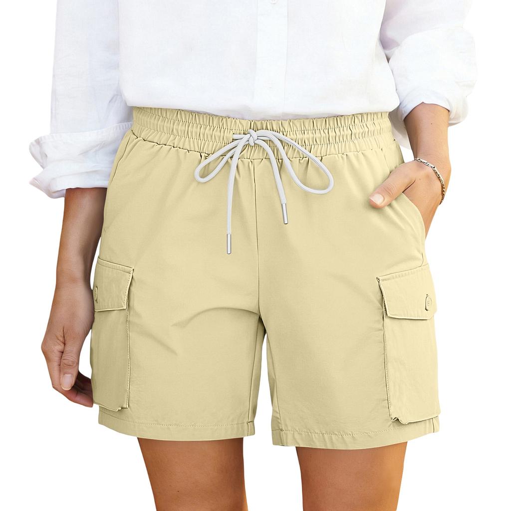 Shorts cargo décontractés pour femmes à taille à cordon avec poches Coupe décontractée Ceinture élastique Tissu léger