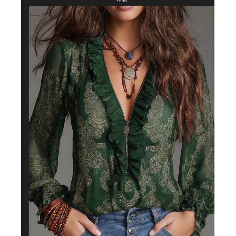 European and American deep V-neck paisley frilly print chiffon shirt top