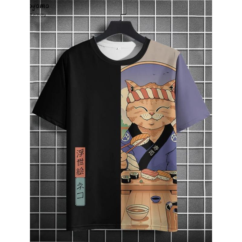 Japanese Samurai Cat 3D Printed T-Shirts for Men Short Sleeve Tee Casual Loose Harajuku Men's Clothing Oversized T-Shirt Tops